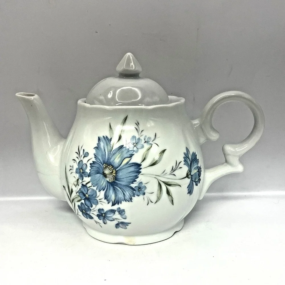 Vintage White Ceramic Teapot Blue Floral Cornflower Design Scalloped Rim